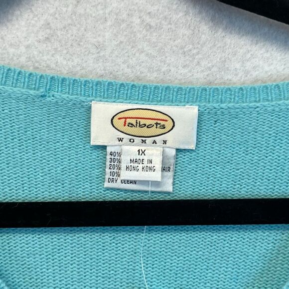 TALBOTS WOMAN Sweater 1X Aqua Blue V-Neck Merino Wool Angora Cashmere Elbow Patc - Picture 3 of 14